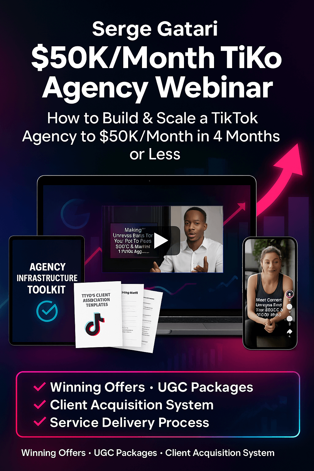 Promotional graphic for Serge Gatari’s $50K/Month TikTok Agency Webinar, featuring devices with training content, UGC templates, and growth strategies.