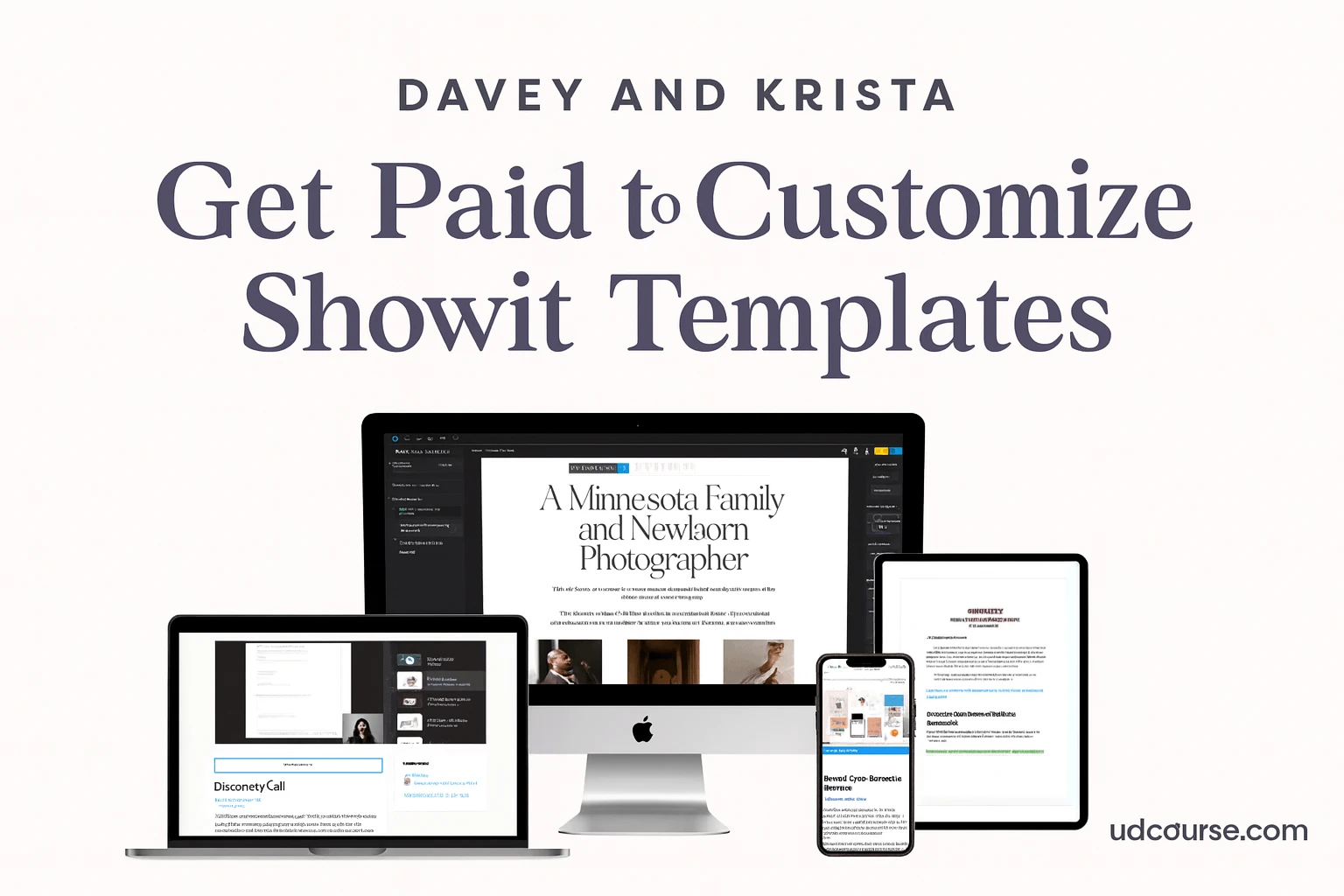 Get Paid to Customize Showit Templates – Davey and Krista course mockup showing training on website design and customization. 