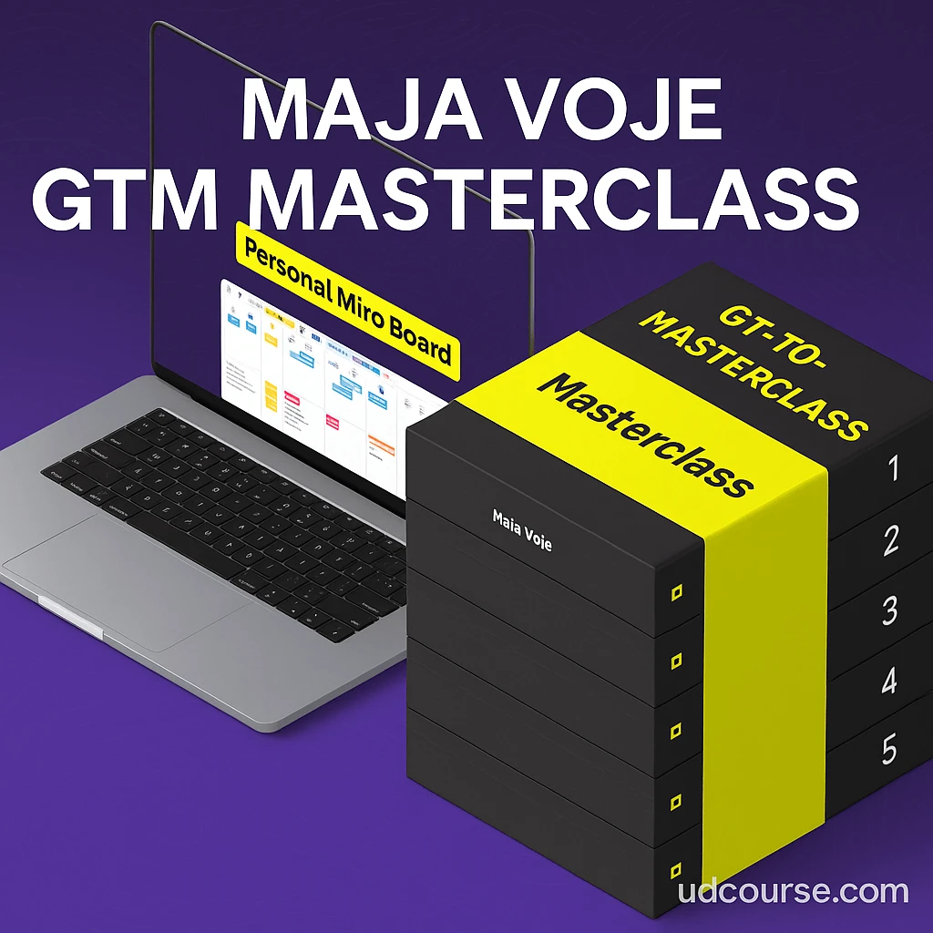 Promotional graphic for Maja Voje’s GTM Masterclass, featuring a laptop with a personal Miro board and stacked black-and-yellow course modules, set against a purple background with woocourses.com watermark.