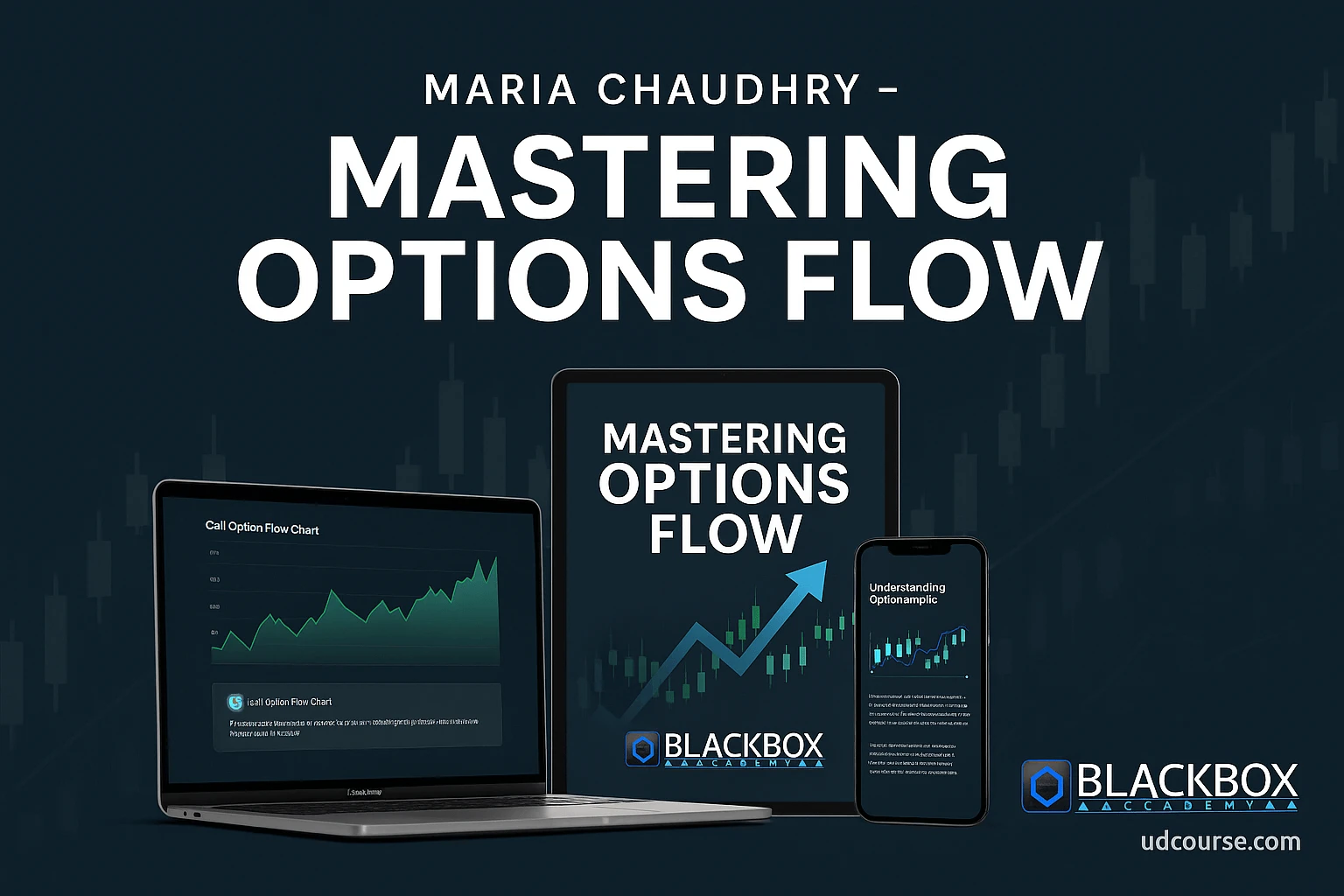 Professional wide mockup design for Maria Chaudhry – Mastering Options Flow by BlackBox Academy, featuring digital devices with trading education content and watermark woocourses.com.