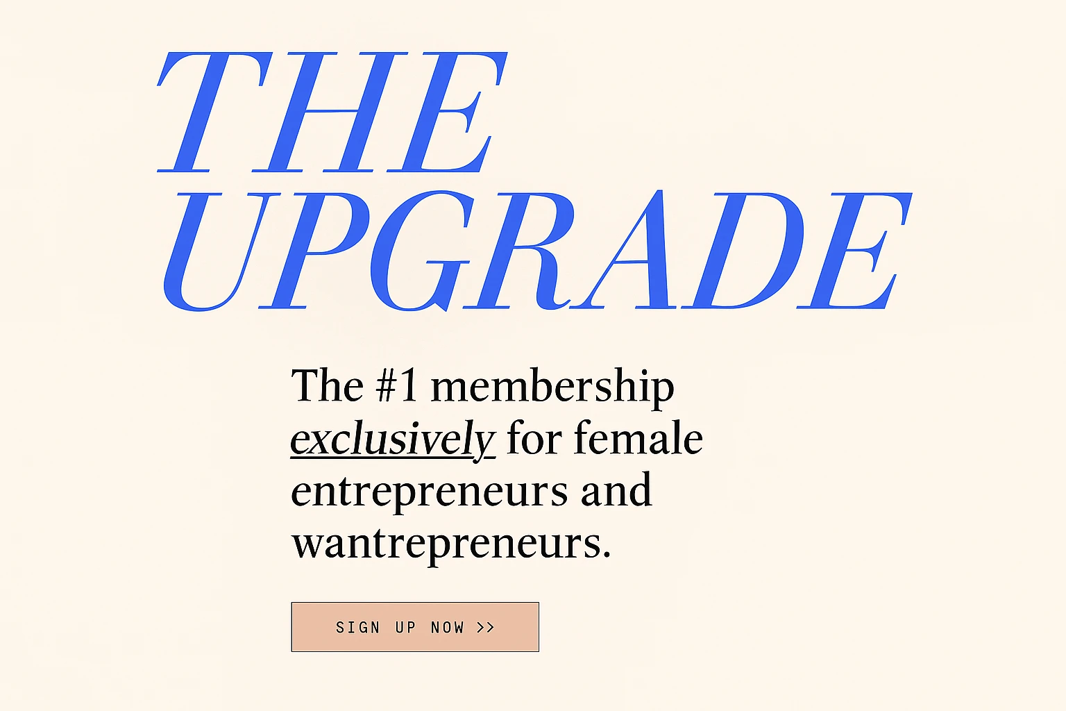 Promotional banner for Margot Miller’s The Upgrade membership program, featuring elegant typography and a sign-up call for female entrepreneurs.