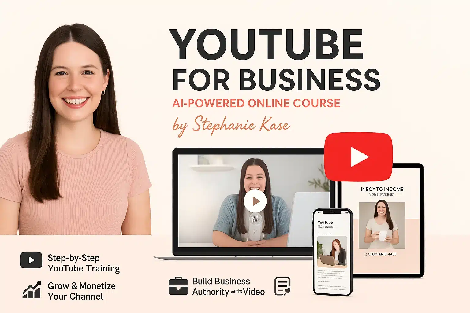Promotional graphic for the YouTube For Business course by Stephanie Kase, featuring her portrait, digital devices showing lessons, and key benefits like step-by-step training and monetization strategies.