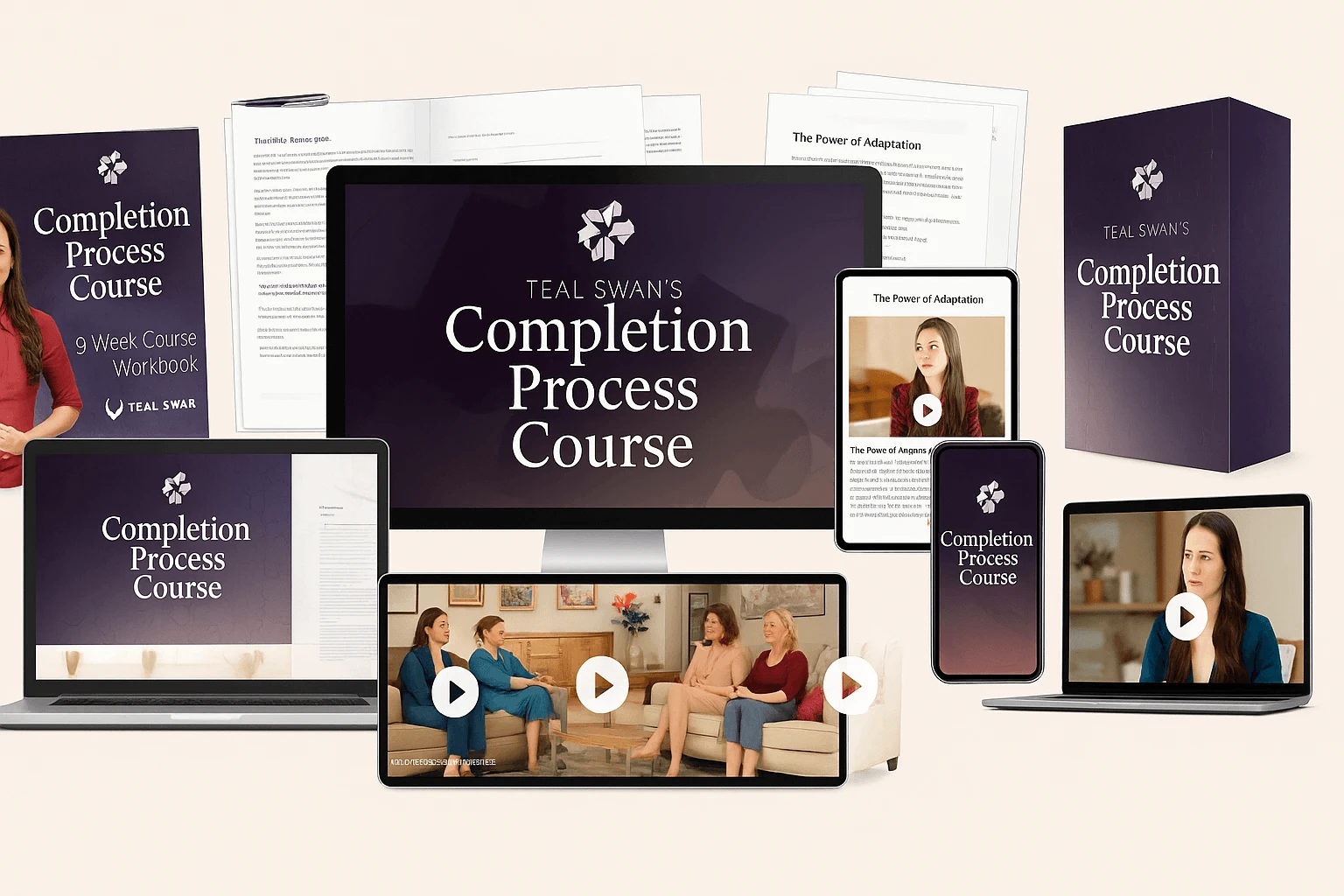 Teal Swan Completion Process Course image showcasing the complete emotional healing and self-transformation program with digital video lessons, guided practices, and workbooks for deep inner growth.