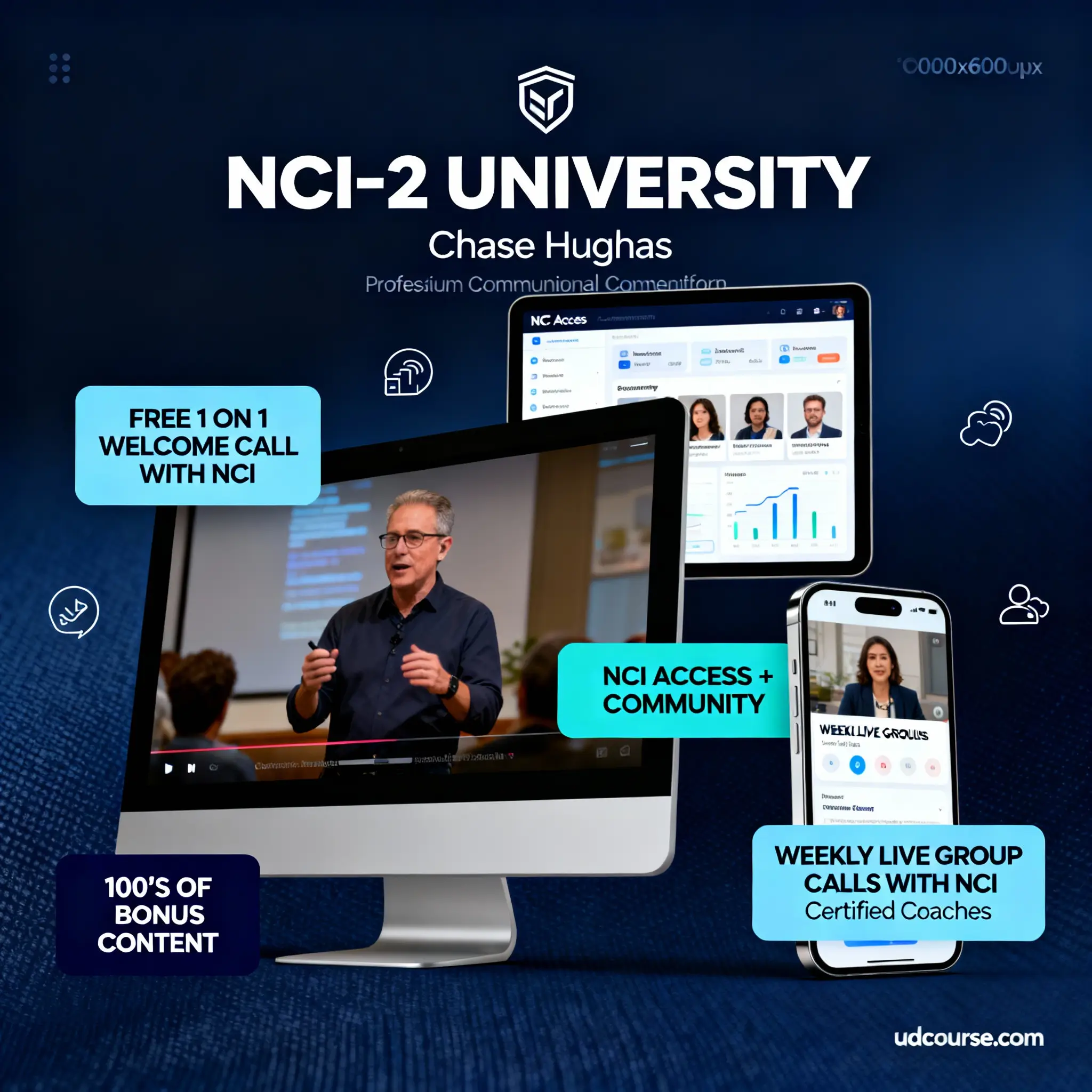 Chase Hughes NCI-2 University course image with desktop, tablet, and smartphone displaying NCI community platform, video instruction, live group calls, and value offerings including free welcome call and bonus content