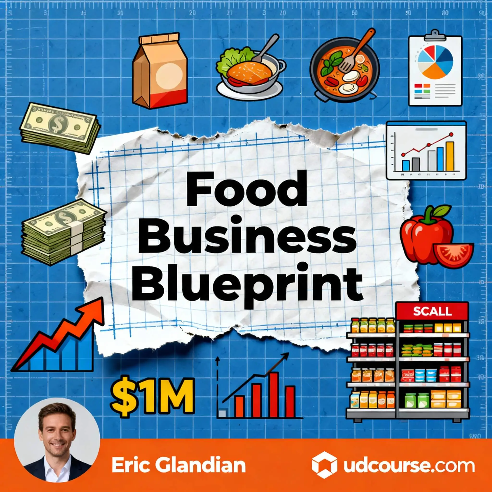 Eric Glandian Food Business Blueprint course image with blueprint background, packaging icons, growth charts, and retail elements for scaling to $1M in sales