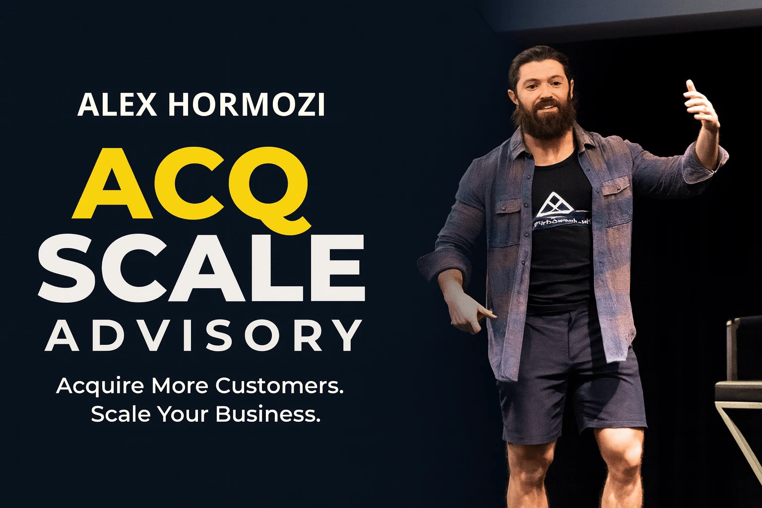 Alex Hormozi speaking at a live ACQ Scale Advisory business event, teaching entrepreneurs about scaling and business growth strategies.