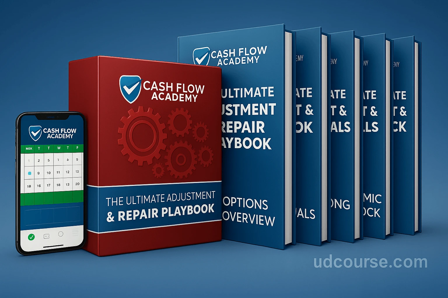 A professional banner for Noah Davidson’s The Ultimate Adjustment and Repair Playbook from Cash Flow Academy, featuring books, digital trading tools, and a modern red and blue design representing options trading and risk management. 