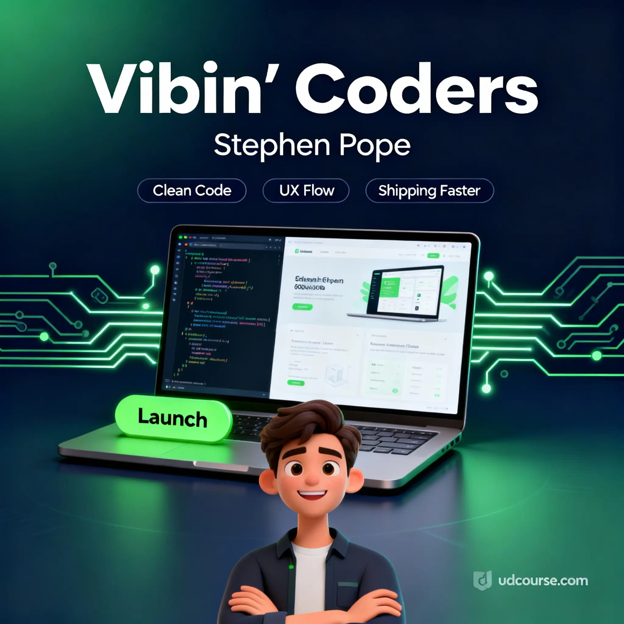 Stephen Pope Vibin Coders course image showing laptop with clean code and UI preview, neon green launch button, dark navy background and tech accents