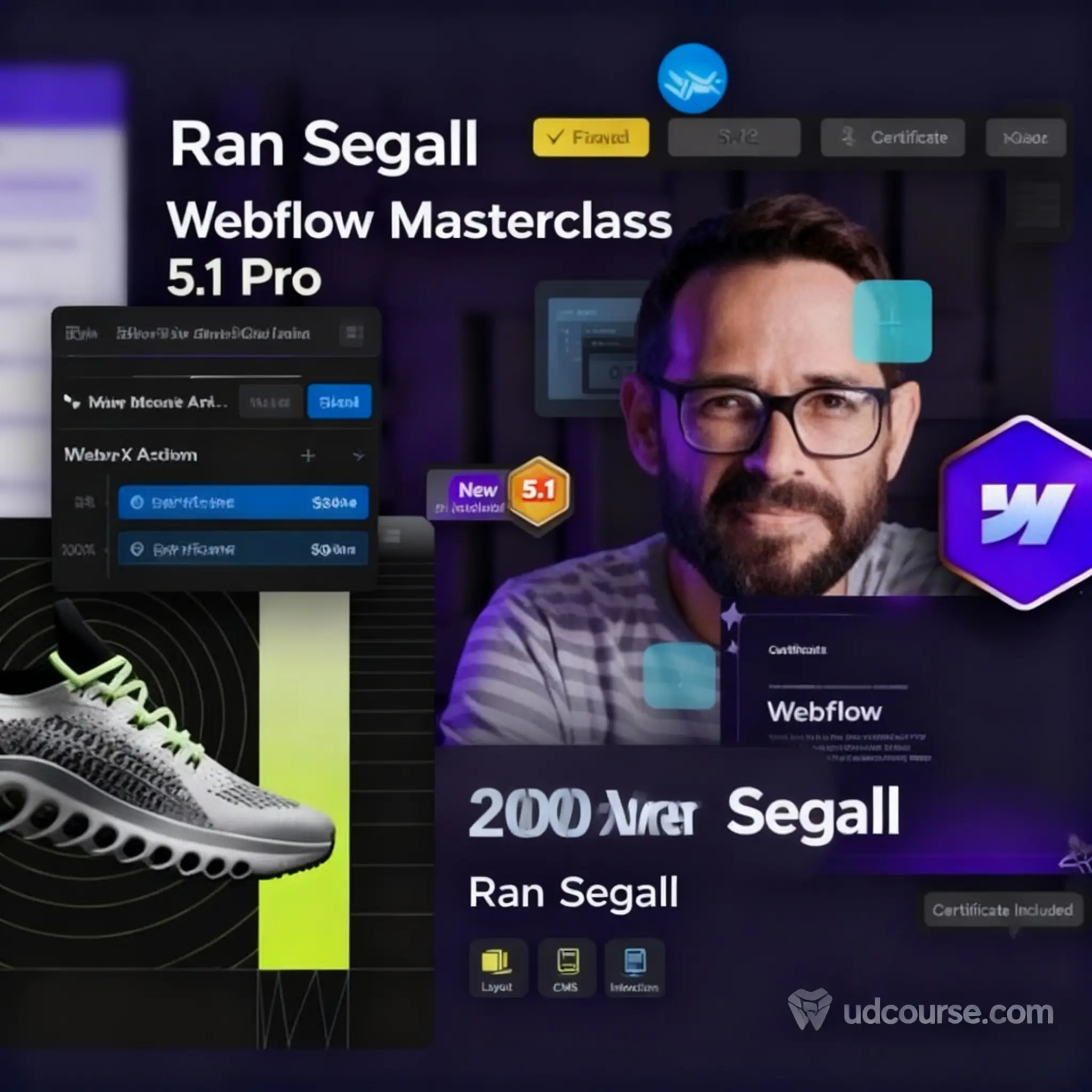 an Segall Webflow Masterclass 5.1 Pro course image with dark purple studio, Ran’s portrait, Webflow UI overlays, certificate badge, and sample project thumbnails