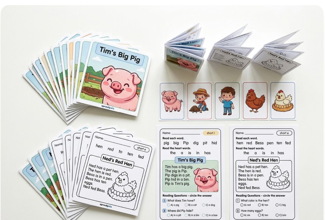 Printable phonics bundle with little books and worksheet cards