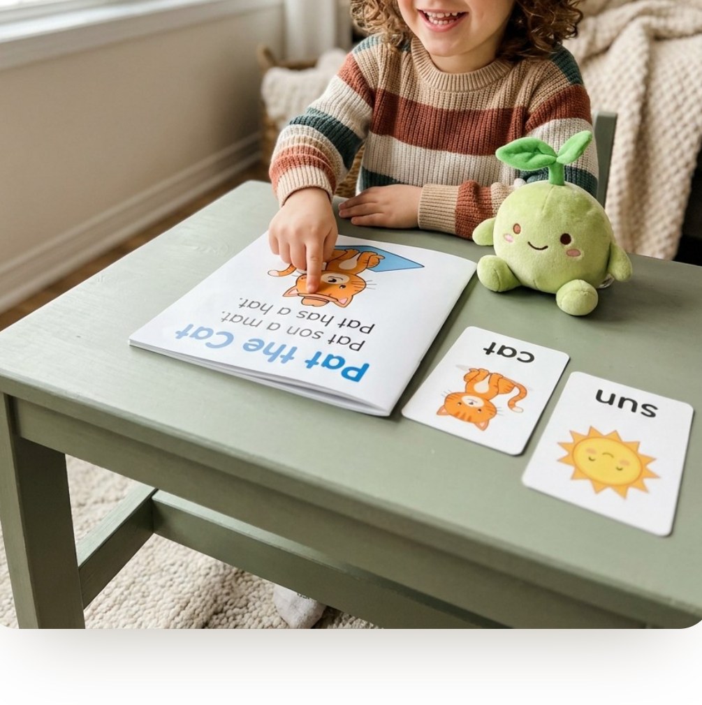 Child practicing with printable reading cards