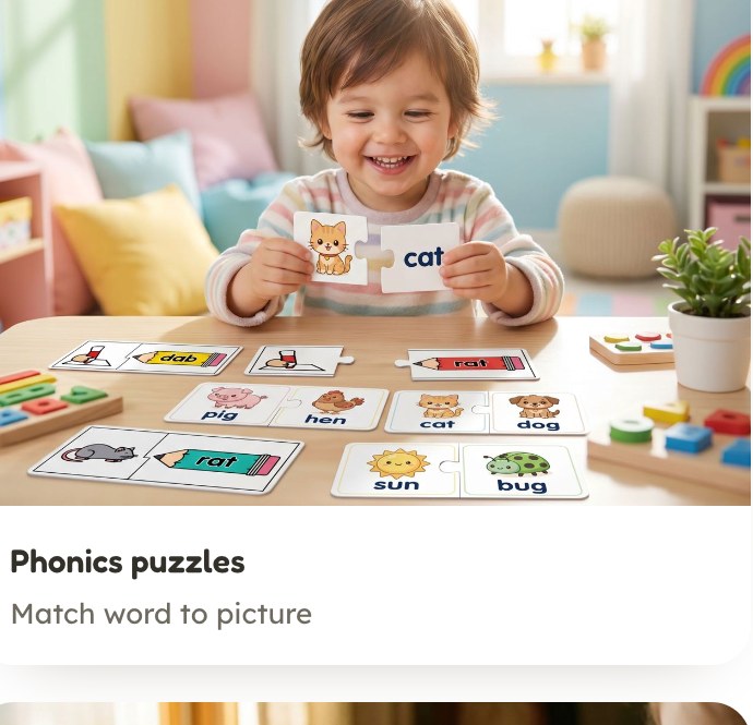 Child matching phonics puzzles