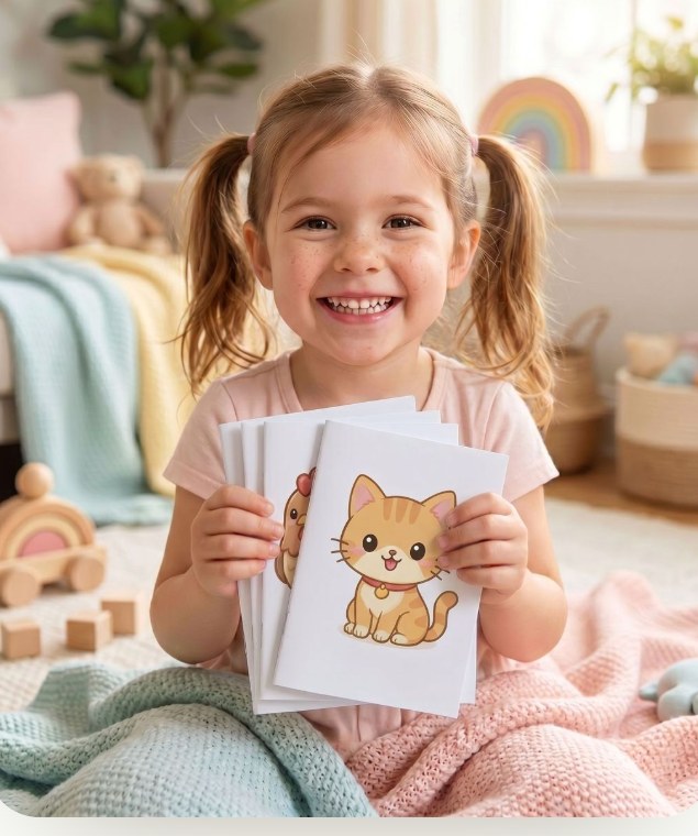 Smiling child holding a printable reader